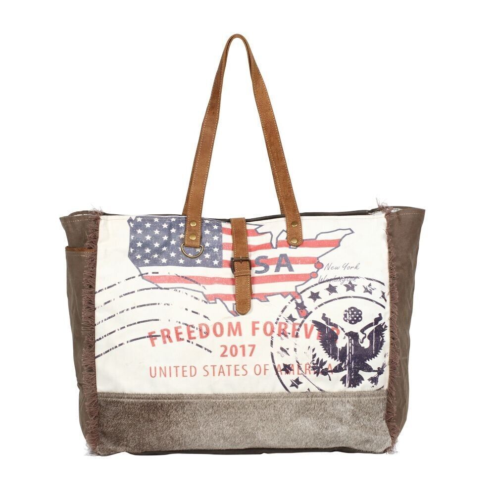 Myra Bag Handmade Partisan Weekender Bag Upcycled Canvas & Cowhide Leather - Picture 6 of 12